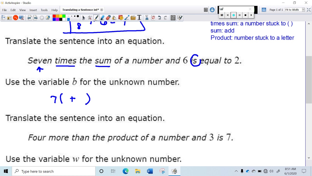 translating a sentence into a multi step equation