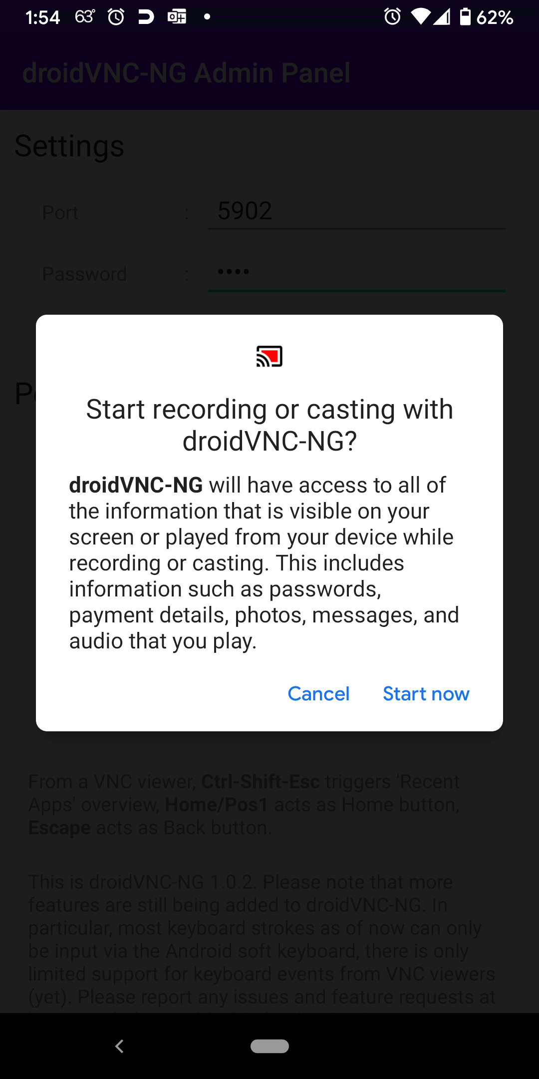 droid vnc server could not start server