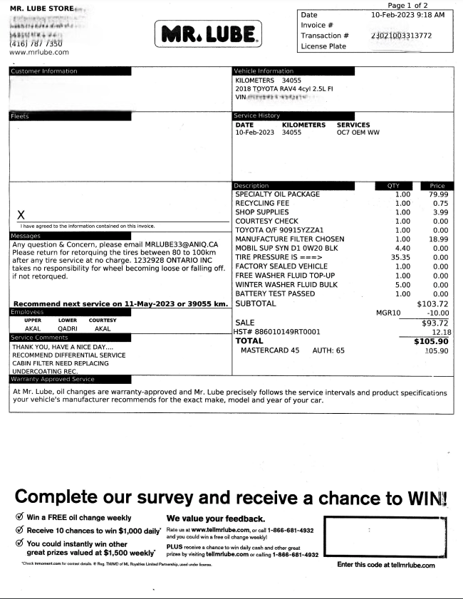 mr lube tire change price