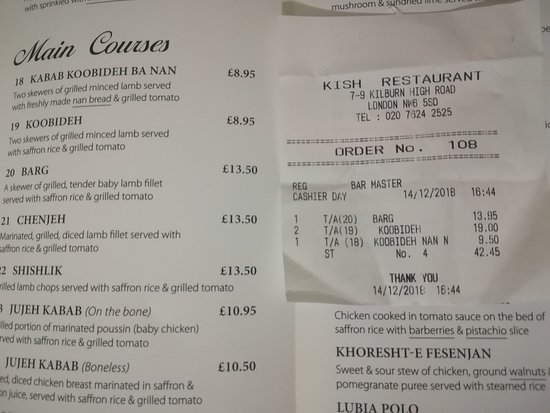 kish restaurant menu