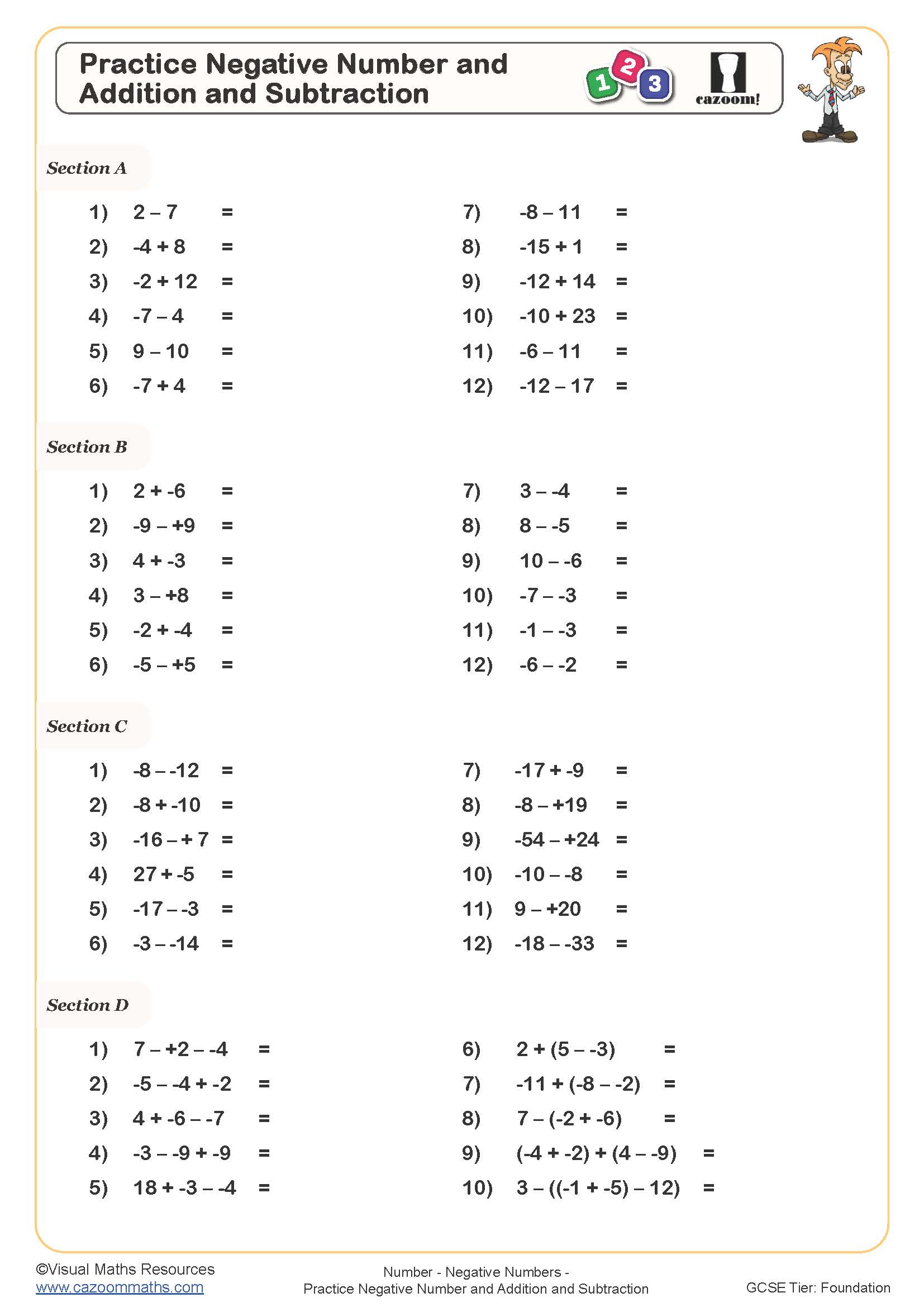 adding and subtracting negative numbers worksheets