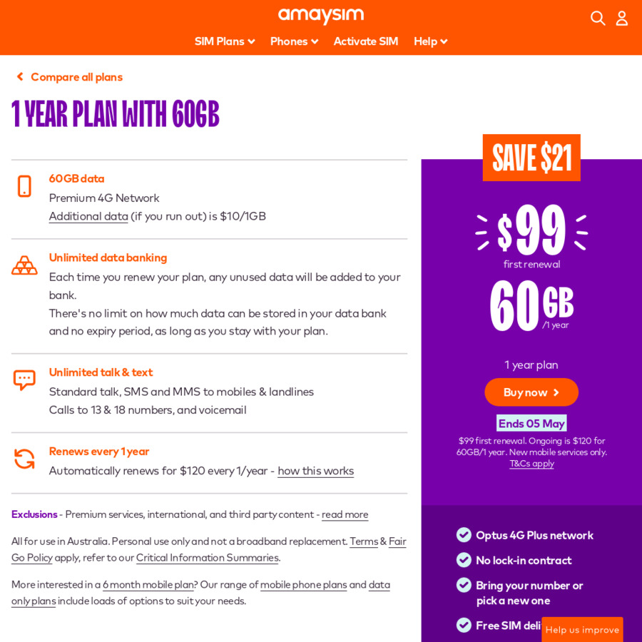 amaysim 365 day prepaid mobile plans