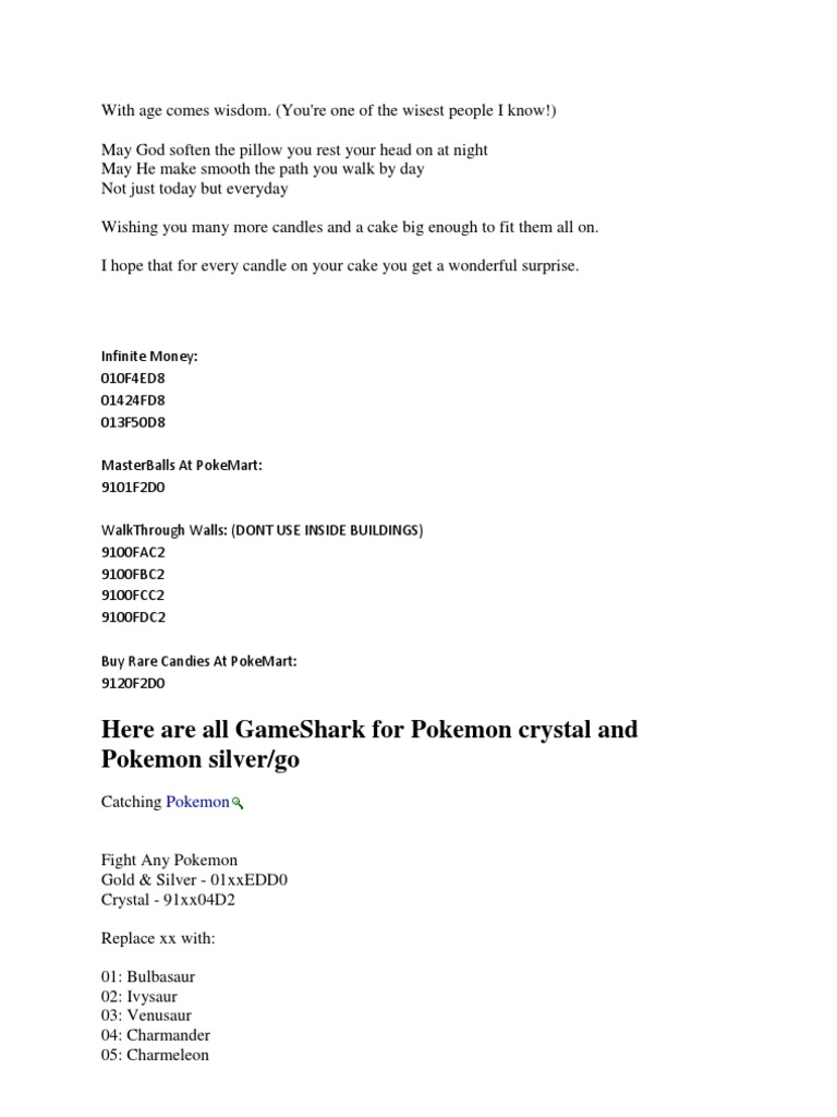 pokemon crystal version cheat codes