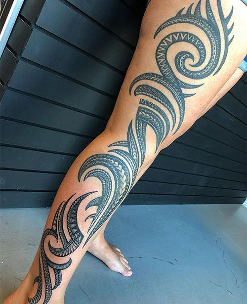 polynesian tattoo leg woman