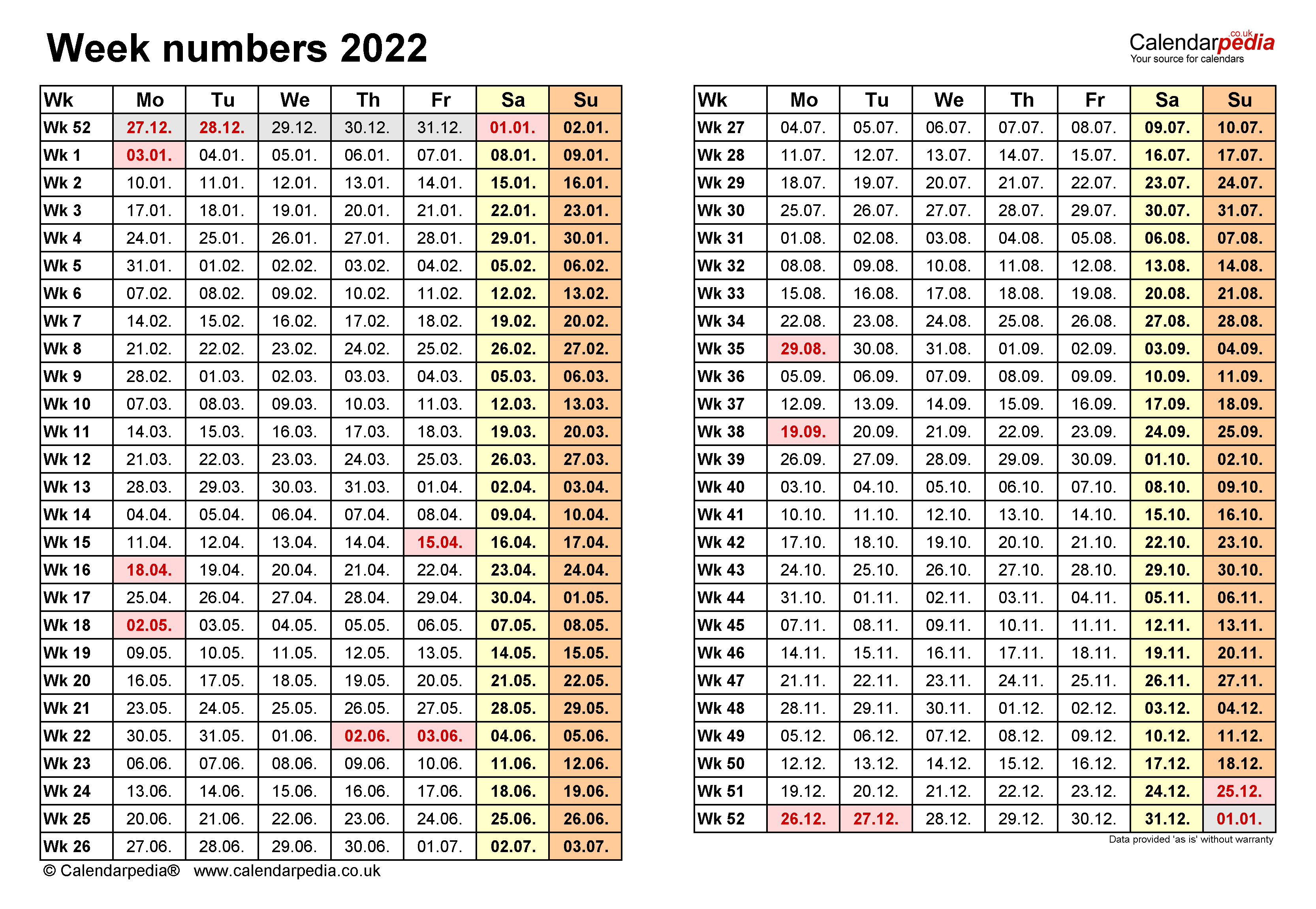 week numbers 2022