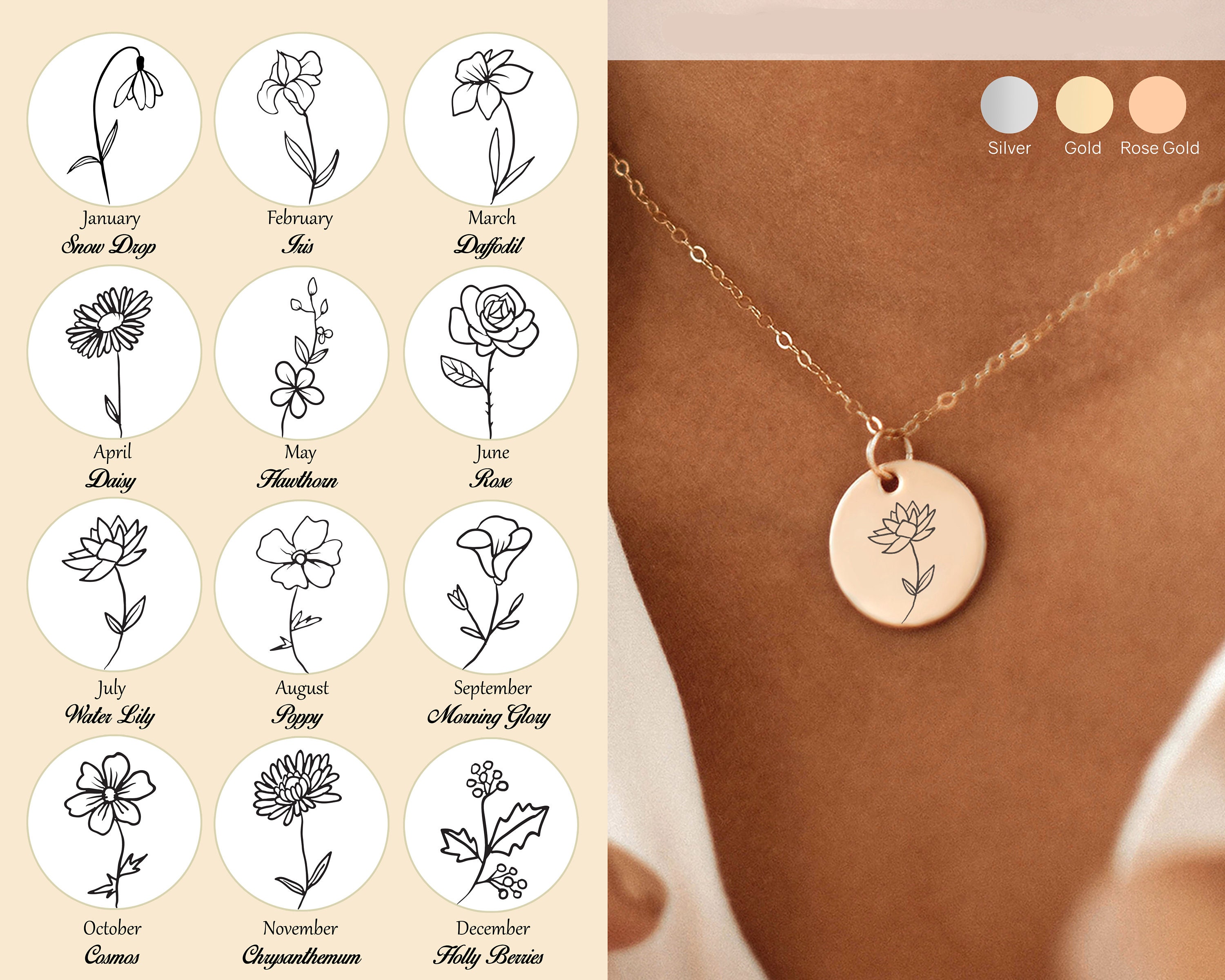 birth flower necklace etsy