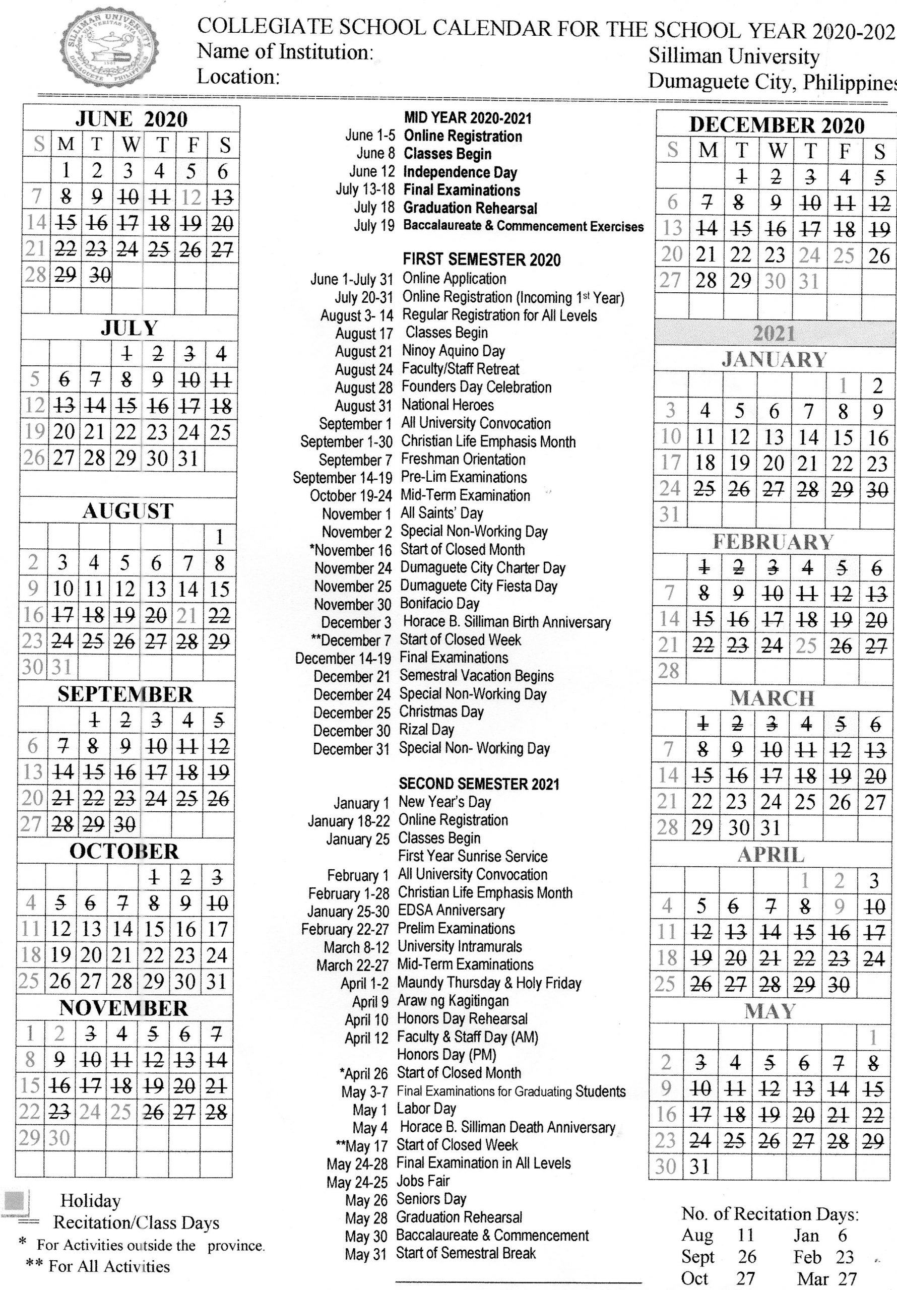 silliman university calendar