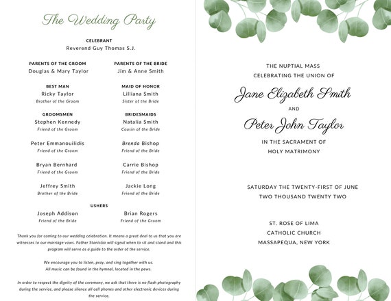 catholic wedding program template without mass