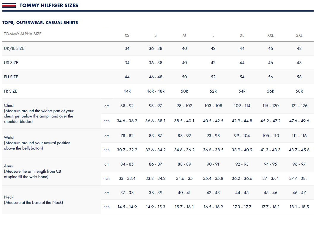 size chart for tommy hilfiger