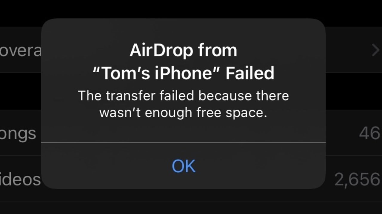 airdrop transfer failed not enough space