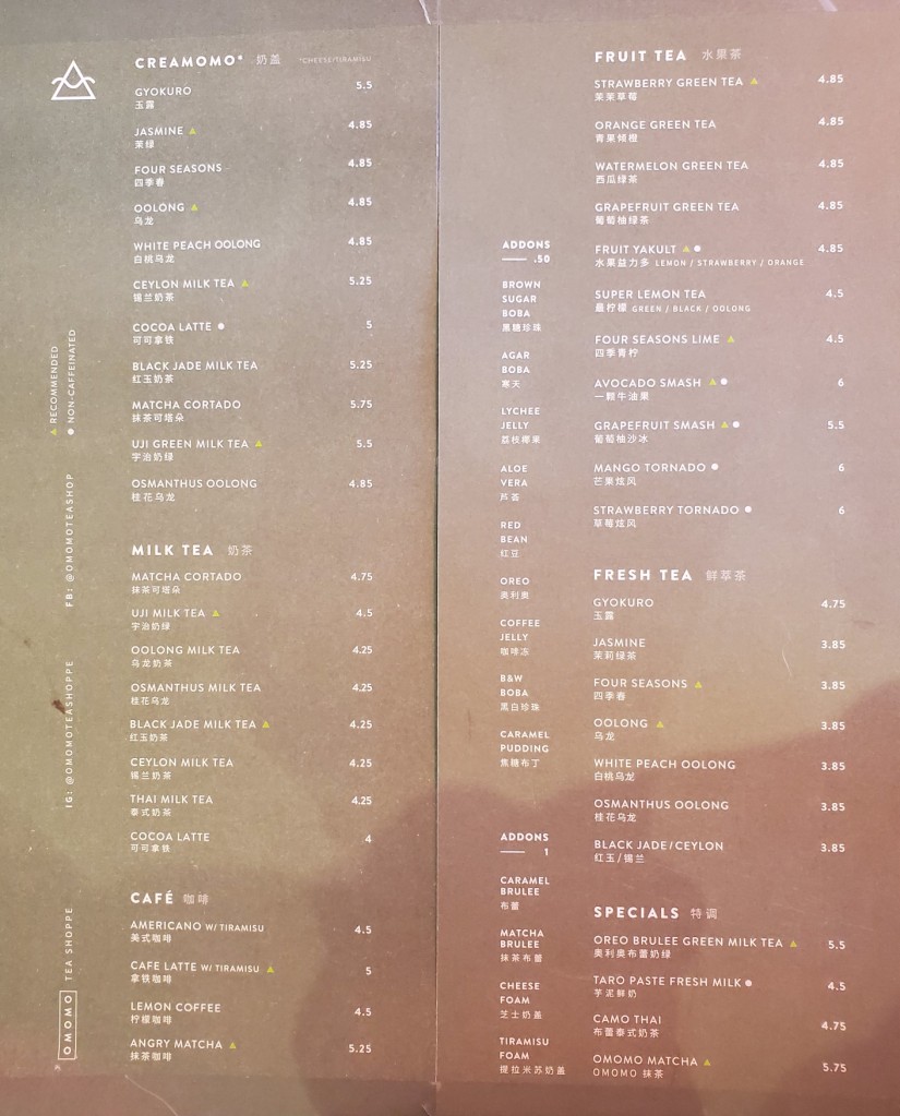 omomo tea menu