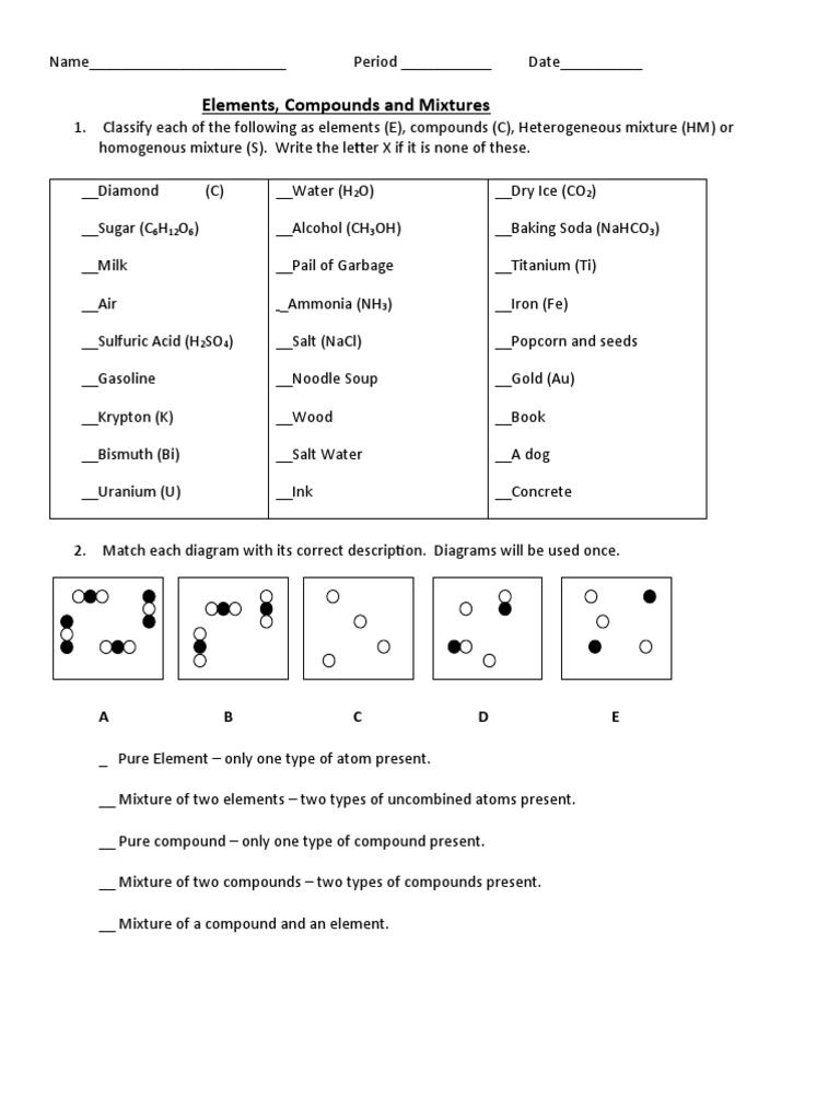 elements compounds and mixtures 1 worksheet answers