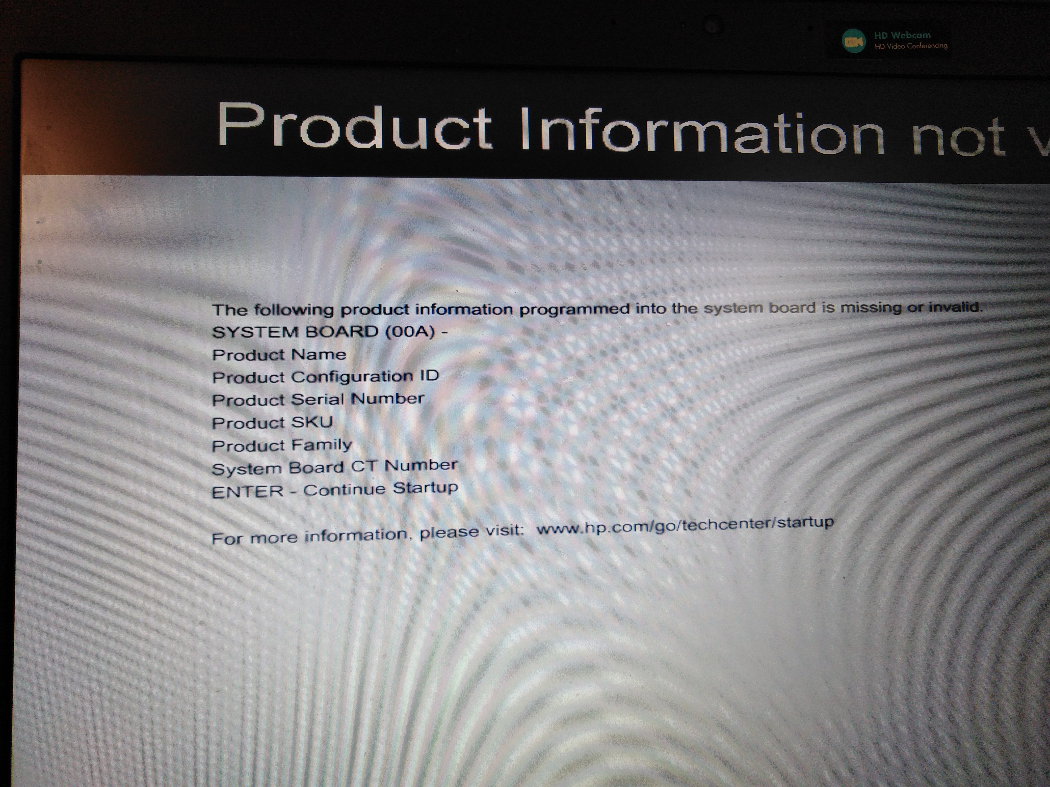 hp product information not valid system board 00a