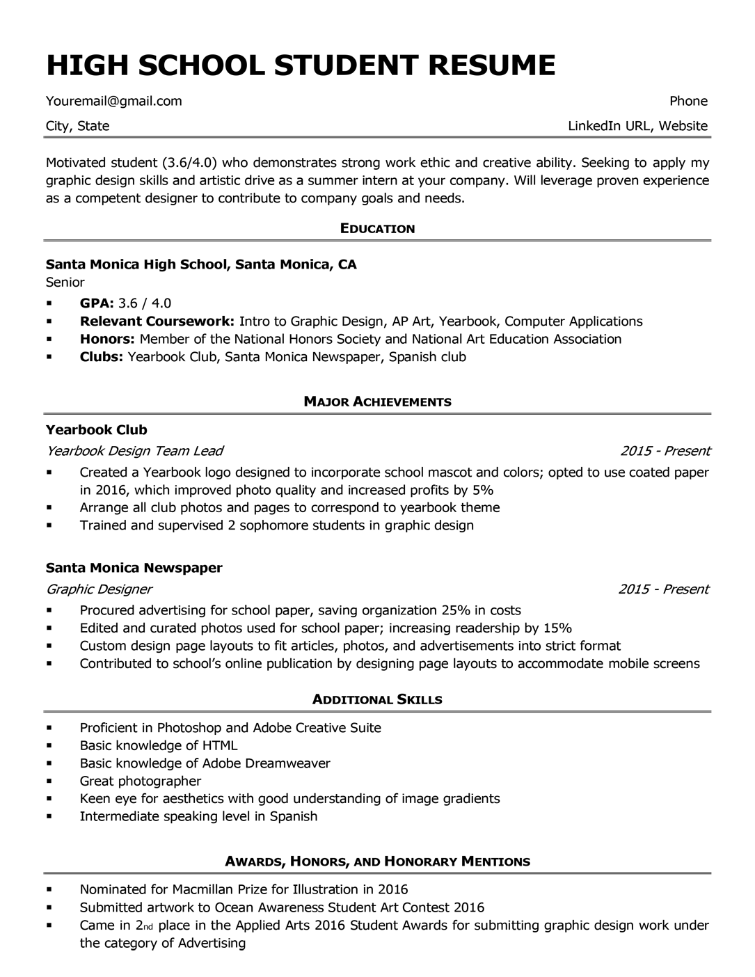 resume high school student