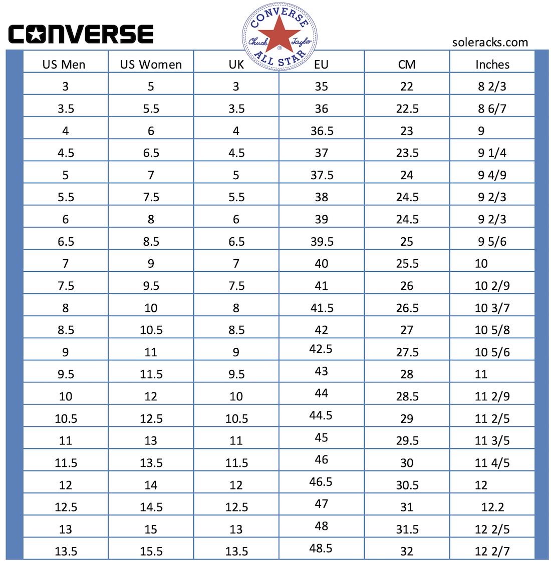 converse sneakers size chart