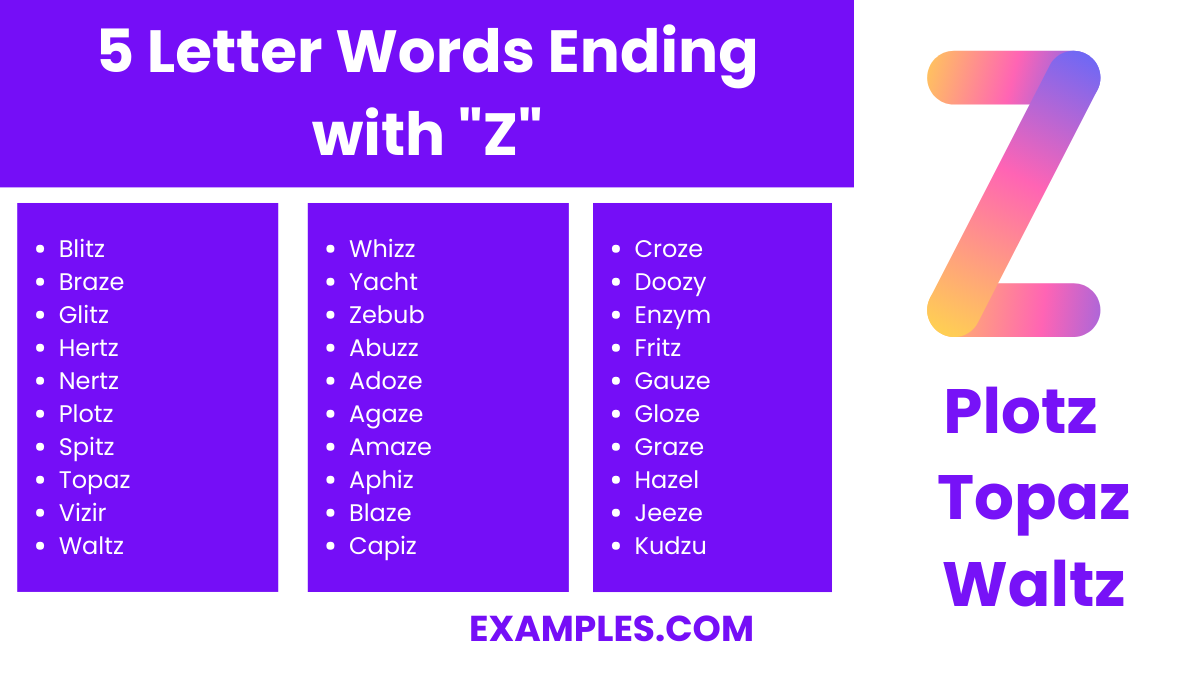 5 letter words ending in z