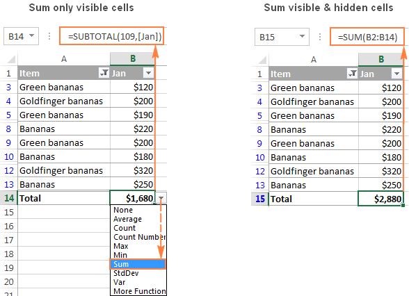 excel sum without hidden cells