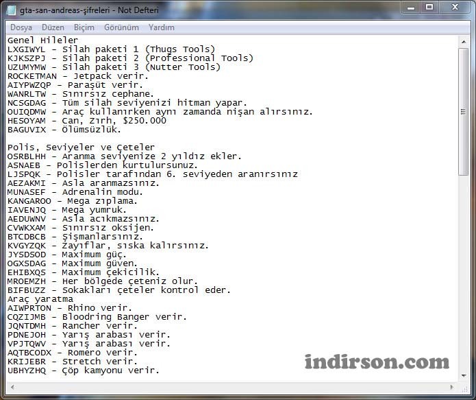 gta san andreas şifreleri indir
