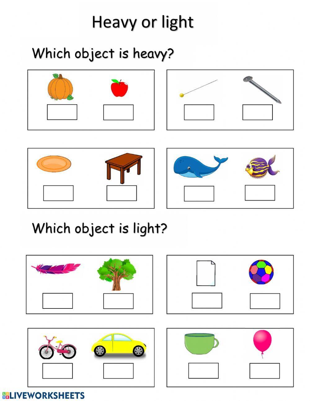 heavy or light worksheets first grade