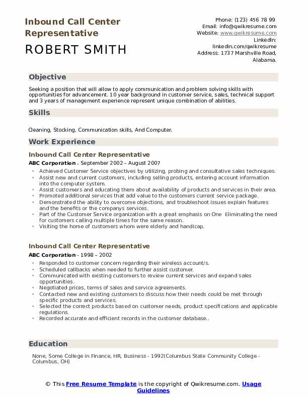 inbound call center job description for resume