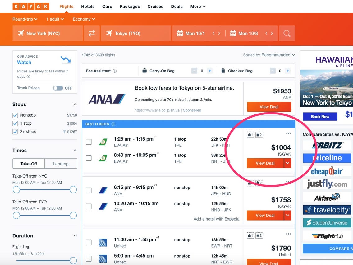 kayak flights search