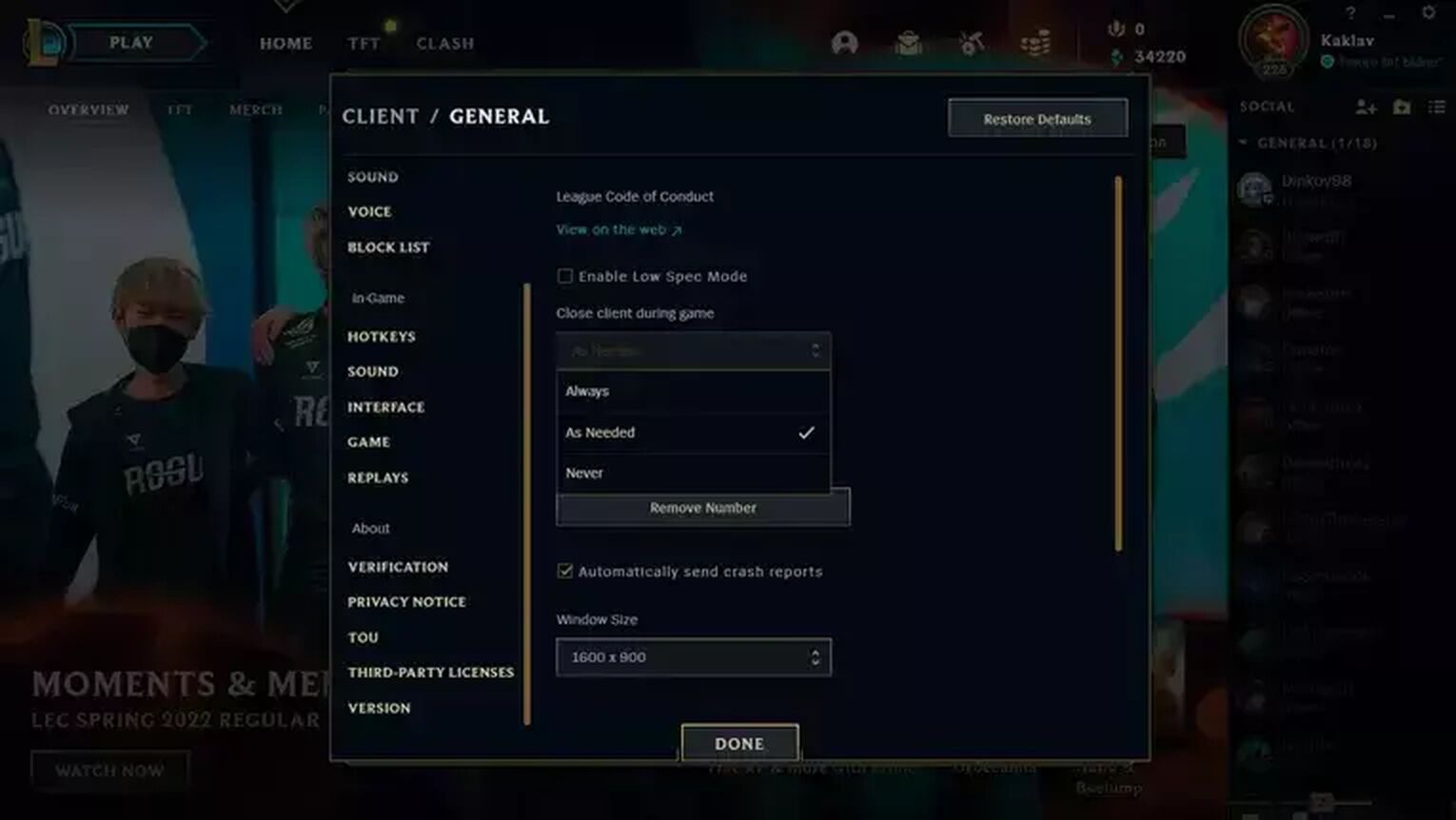 league client keeps disconnecting