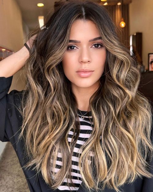 light brown balayage on dark hair