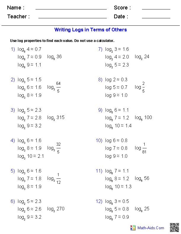 logarithmic functions worksheet