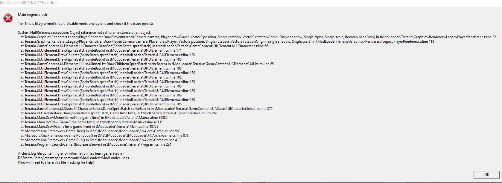 main engine crash tmodloader