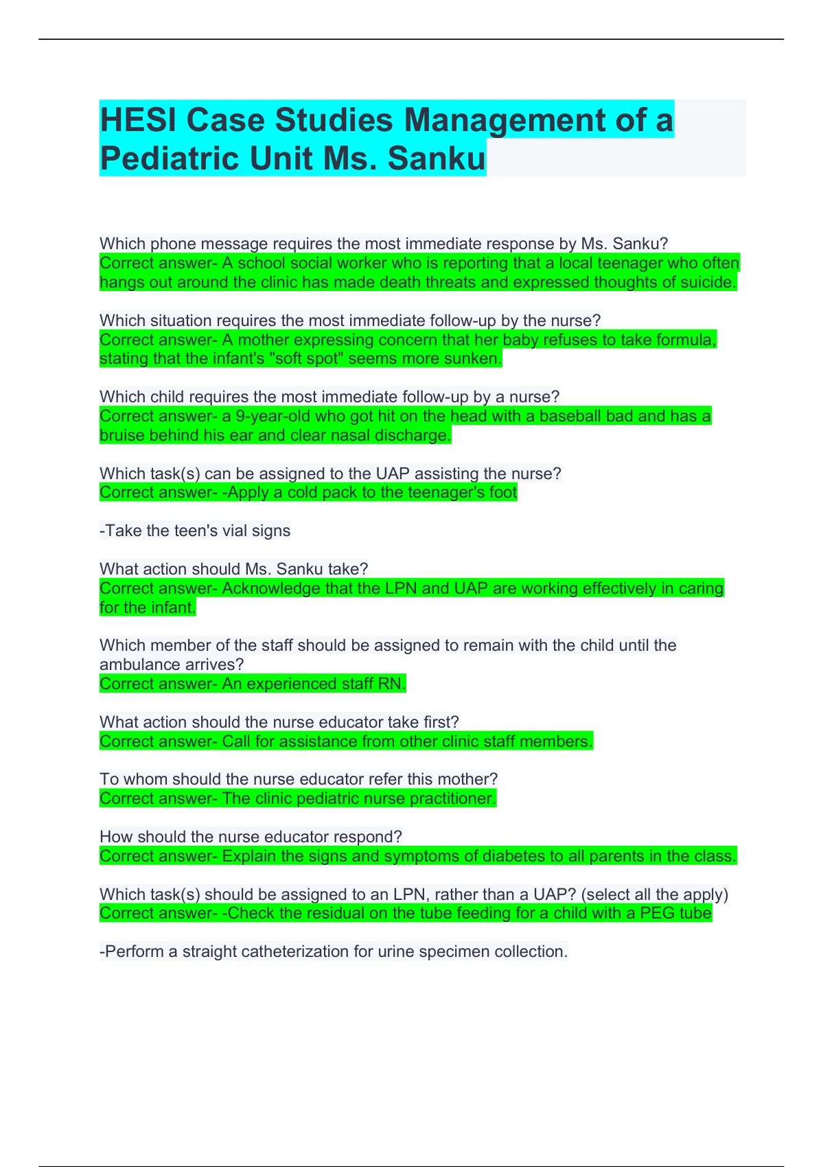 management of a pediatric unit hesi case study