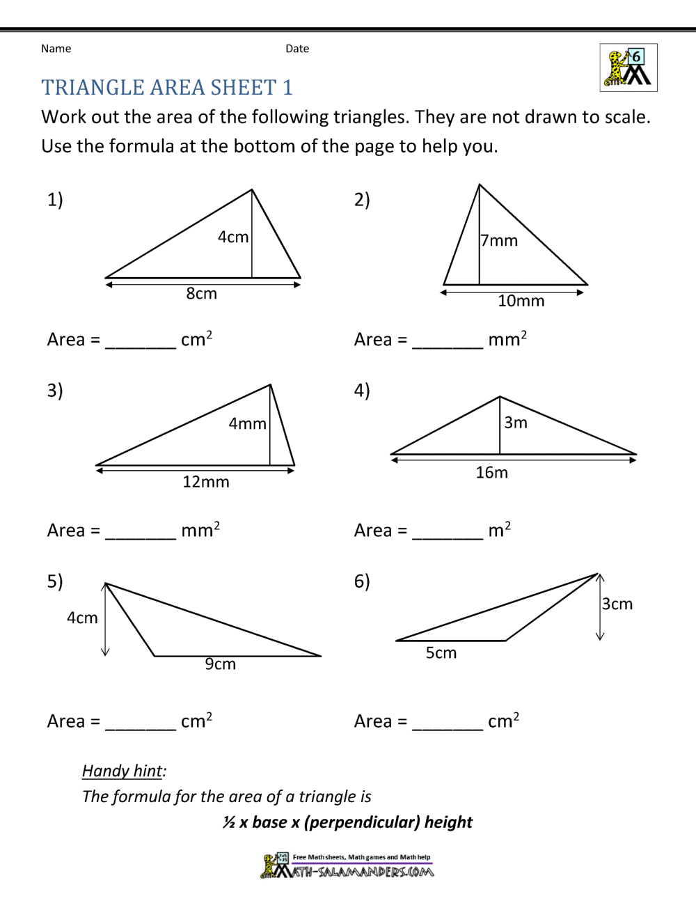 math worksheets area of triangles