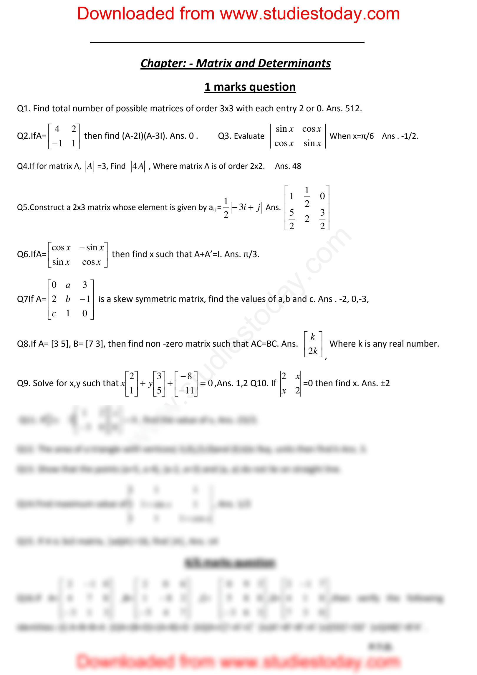 matrices and determinants class 12 worksheets