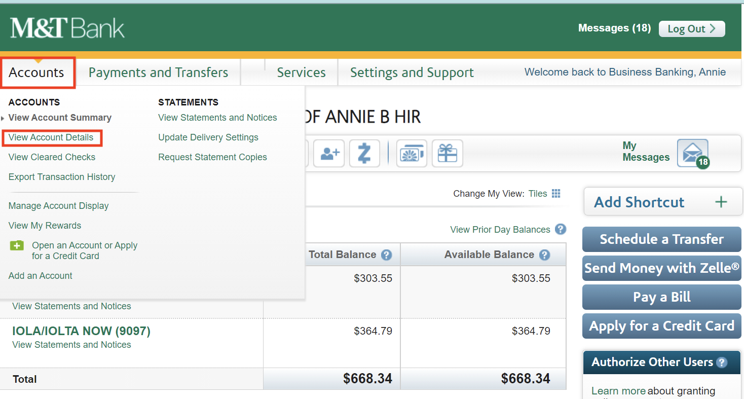 m&t bank account number