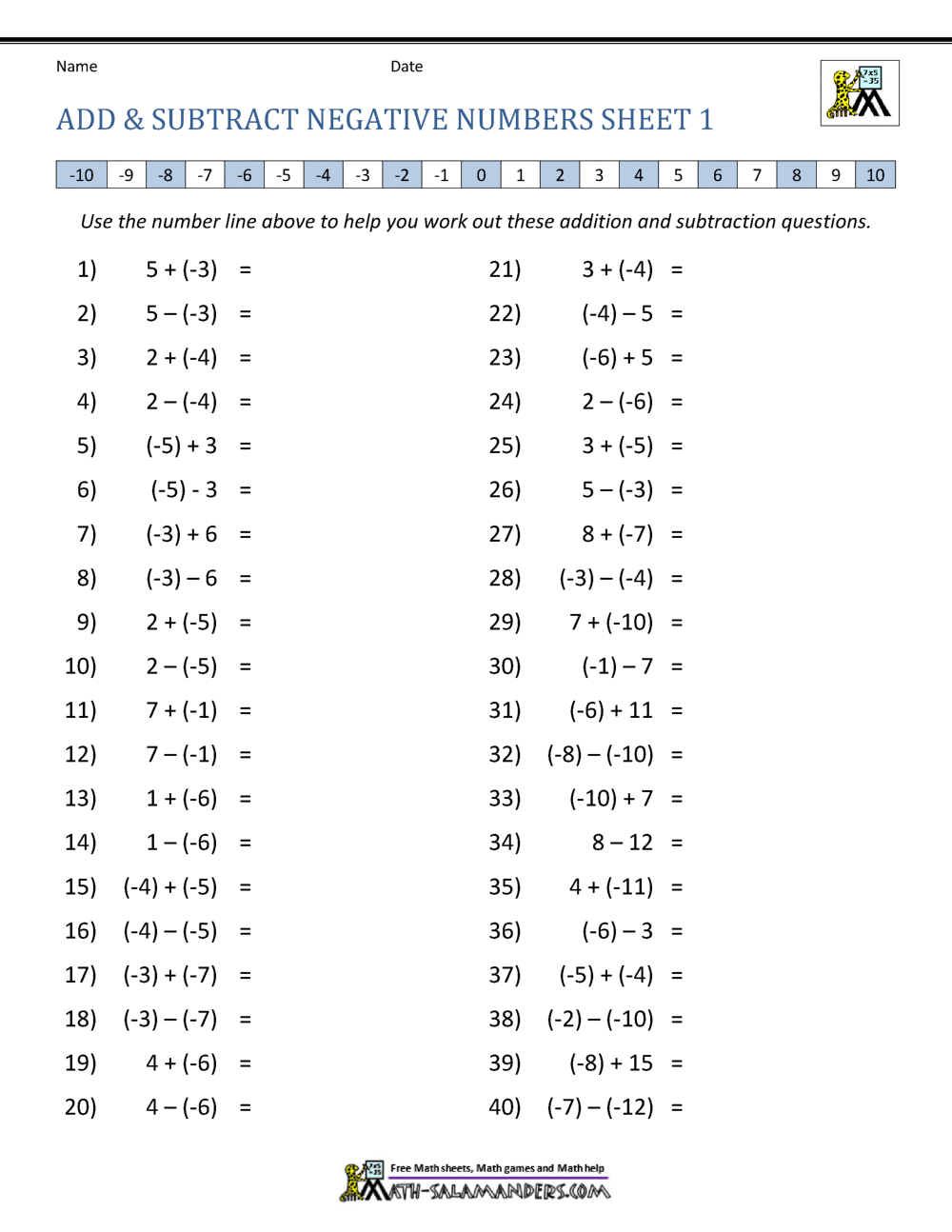 negative numbers addition and subtraction worksheet