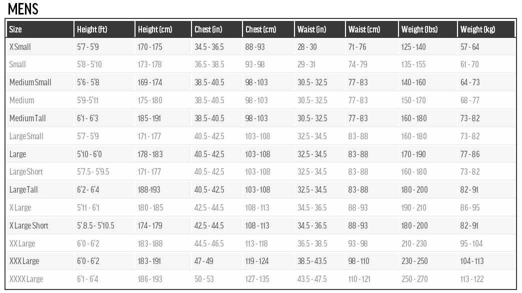 o neill size chart