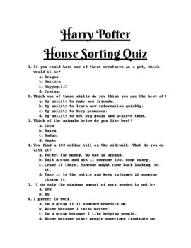 pottermore house sorting quiz