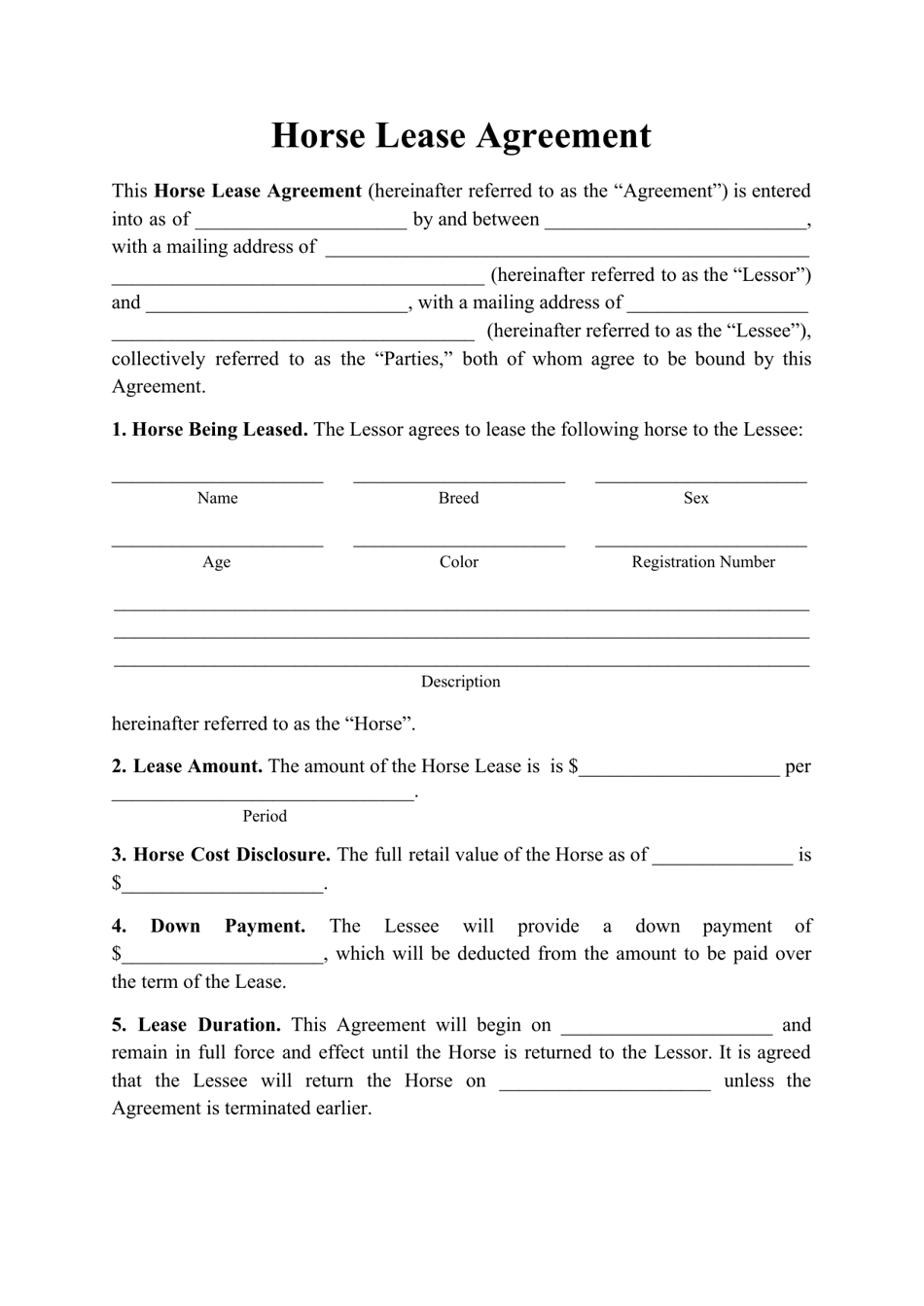 printable horse lease agreement