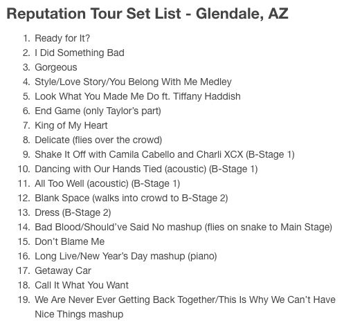 rep tour setlist