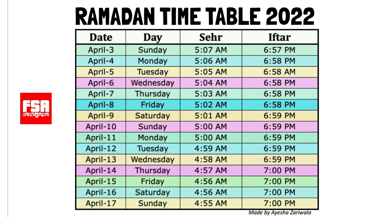 roza time table 2022 india