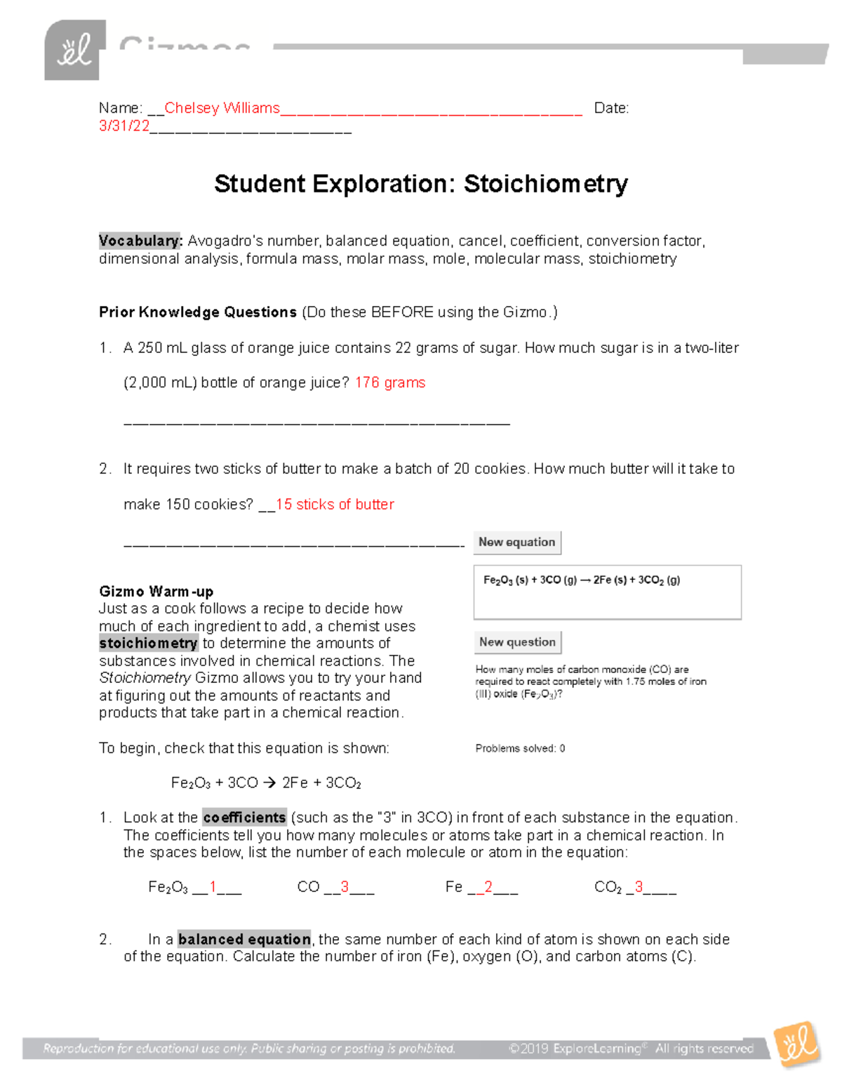 student exploration stoichiometry gizmo answer key