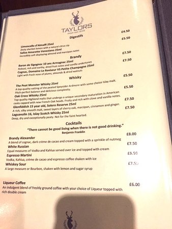 taylors restaurant tavistock menu