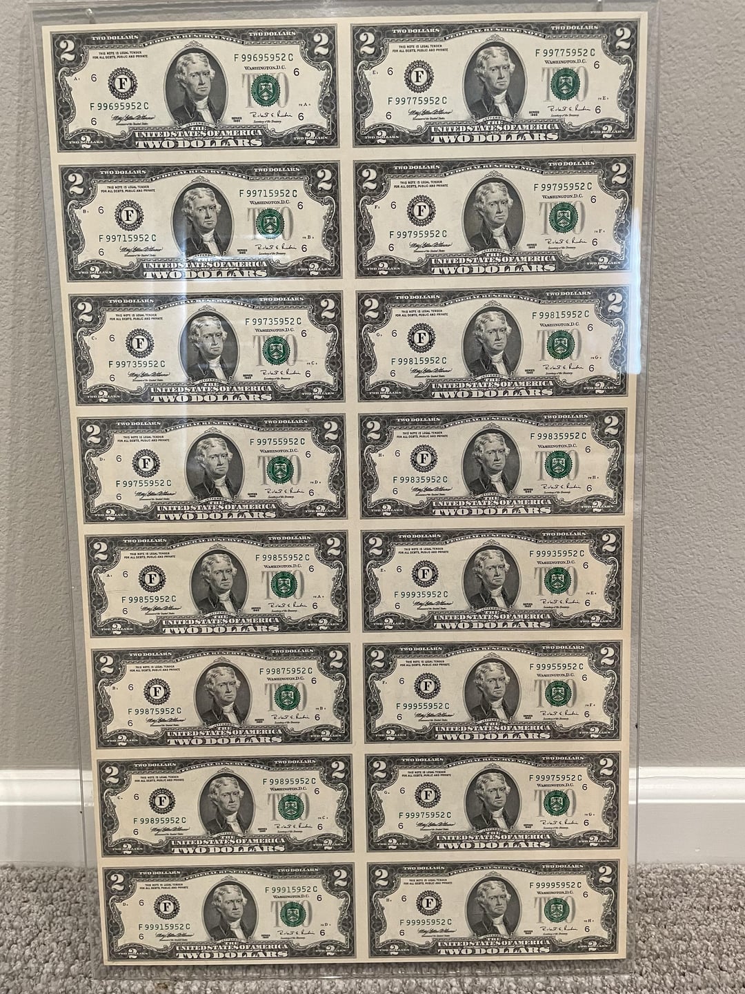 value of uncut 2 dollar bill sheet