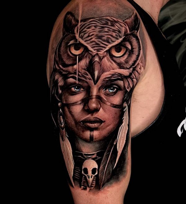 woman owl tattoo