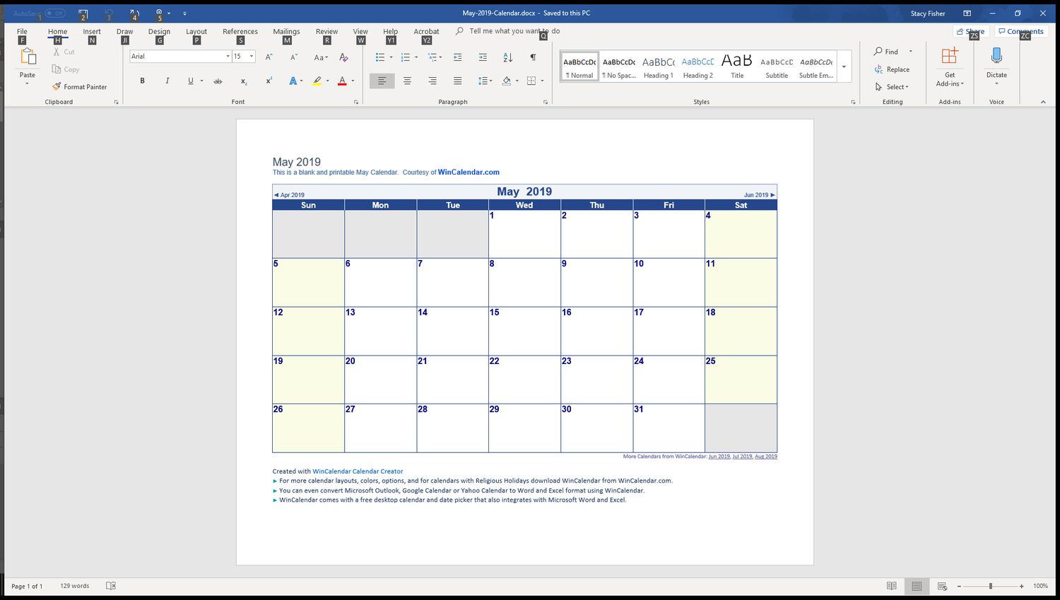 word calendar templates