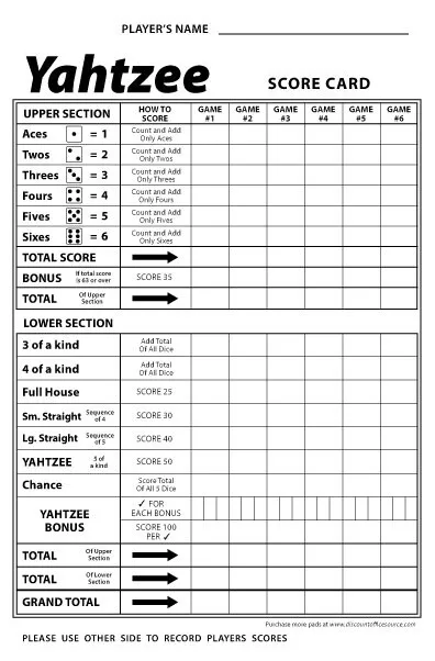 yahtzee game sheets